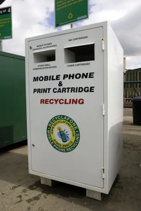 Framed Print : Special box for recycling mobile phones and used printer inkjet and laser cartidges Cory Environmental Gloucestershire domestic landfill site UK Framed Print : Special box for recycling mobile phones and used printer inkjet and laser cartidges Cory Environmental Gloucestershire domestic landfill site UK