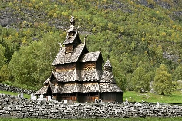 Stave church of Borgund with cemetry in early autumn Borgund, Laerdal, Sogn og Fjordane, Norway