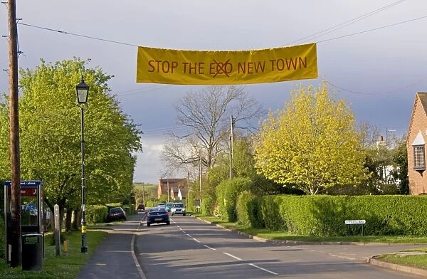Stop eco new town banner across road Long Marston near Stratford UK