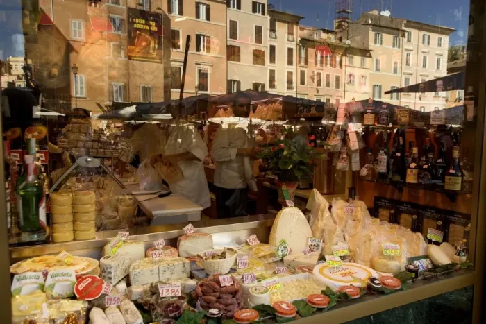 Framed Print : Street scene with delicatessen - Campo De Fiori - Rome - Italy Framed Print : Street scene with delicatessen - Campo De Fiori - Rome - Italy