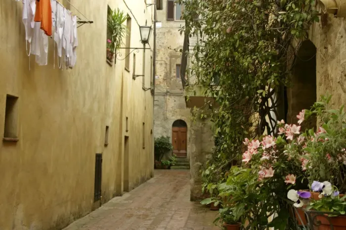 Framed Print : Street scene in Pienza historic building in the city centre of Pienza Val d Orcia, Tuscany, Italy