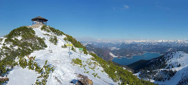 Summit of Mt. Herzogstand with pavilion near lake Walchensee during winter in the Bavarian Alps. Germany, Bavaria Date: 08-04-2021