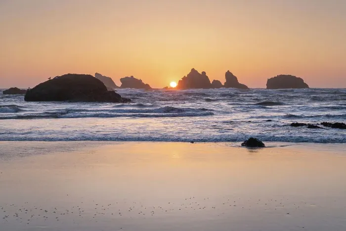Framed Print : Sunset on Bandon Beach at low tide, Bandon, , Oregon Date: 12-04-2021