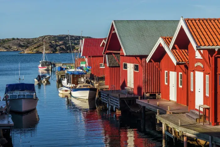 Framed Print : Sweden, Bohuslan, Kungshamn, red fishing shacks in the Fisketangen, old fisherman's neighborhood Date: 02-06-2019 Framed Print : Sweden, Bohuslan, Kungshamn, red fishing shacks in the Fisketangen, old fisherman's neighborhood Date: 02-06-2019