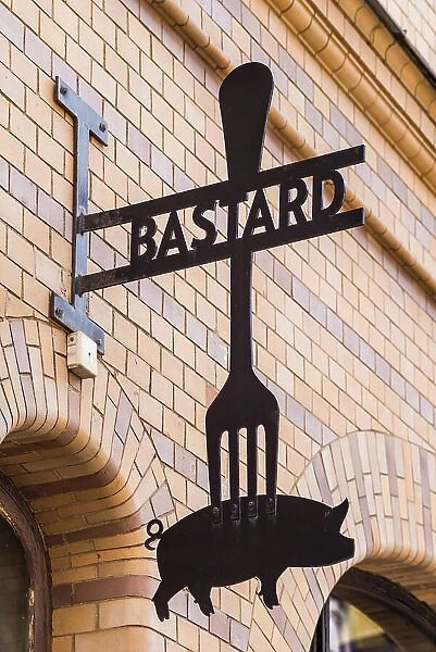 Sweden, Scania, Malmo, Lilla Torg square area, sign for the Bastard Restaurant Date: 24-05-2019