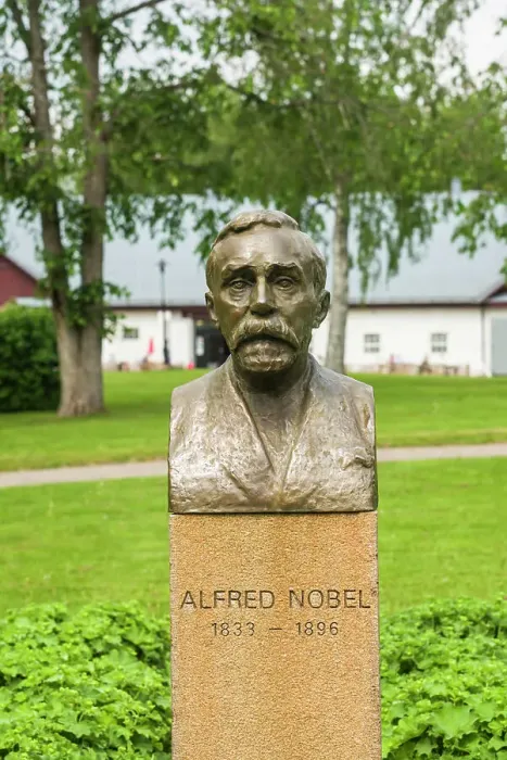 Framed Print : Sweden, Varmland, Karlskoga, Bjorkholm, the home of inventor Alfred Nobel, statue of Nobel Date: 05-06-2019