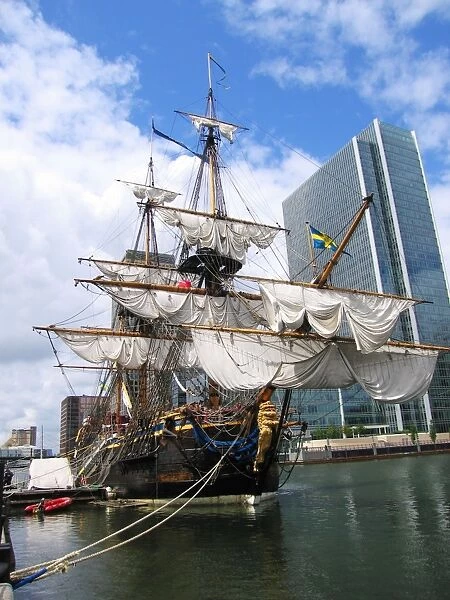 The Swedish Ship Gotheborg - replica of 1738 East Indiaman ship built according to traditional methods & materials. Moored at South Quay, London