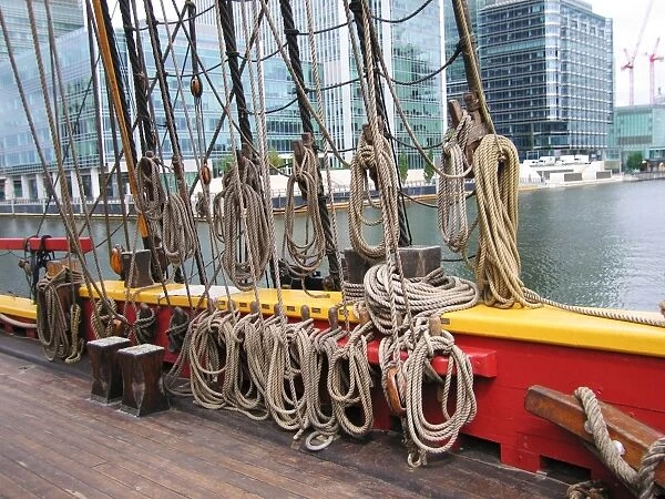 The Swedish Ship Gotheborg - ropes  /  rigging. Replica of 1738 East Indiaman ship built according to traditional methods & materials. Moored at South Quay, London
