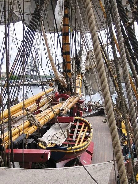The Swedish Ship Gotheborg - ropes  /  rigging. Replica of 1738 East Indiaman ship built according to traditional methods & materials. Moored at South Quay, London