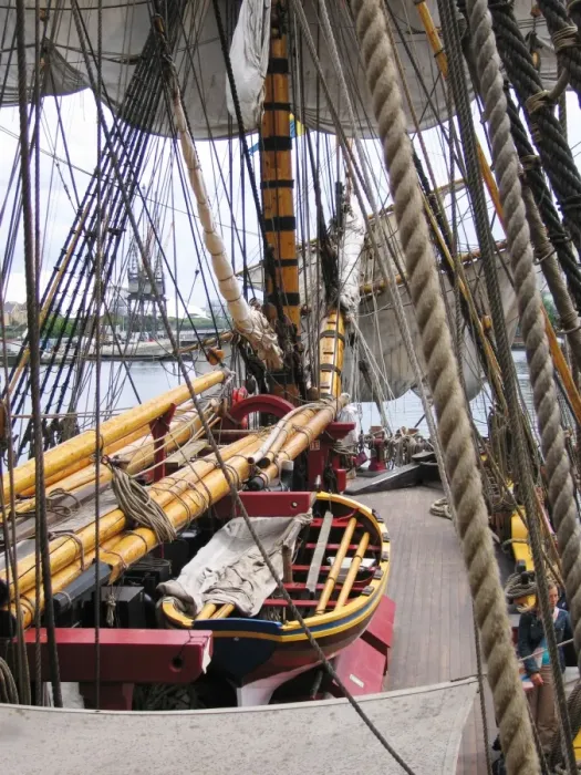 Framed Print : The Swedish Ship Gotheborg - ropes  /  rigging. Replica of 1738 East Indiaman ship built according to traditional methods & materials. Moored at South Quay, London