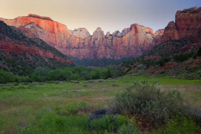 Framed Print : Towers of the Virgin - famous Zion panorama of the mountains called The West Temple, The Sundial, The Temple of the Virgin and the Altar of Sacrifice. At dawn, in spring - Zion National Park, Utah, USA Framed Print : Towers of the Virgin - famous Zion panorama of the mountains called The West Temple, The Sundial, The Temple of the Virgin and the Altar of Sacrifice. At dawn, in spring - Zion National Park, Utah, USA