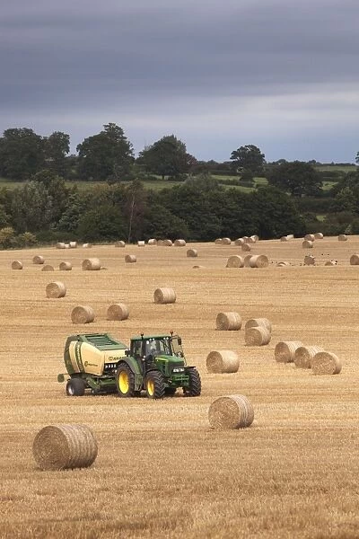 Tractor making bales of hay in freshly cut wheat field - September - Staffordshire - England
