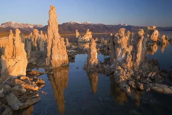 Tufa Formation - Tufa Formations reflected in the alkaline waters of Mono Lake with the snow-covered mountains of the Sierra Nevada in the background - early morning light - Mono Lake - California - USA