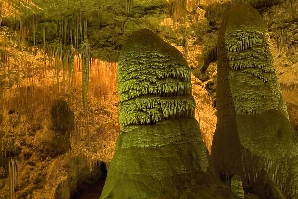 Twin Domes - amazing cave formations including draperies, soda straws and huge columns of stalagmites, called Twin Domes - Hall of Giants, Carlsbad Caverns National Park, New Mexico, USA