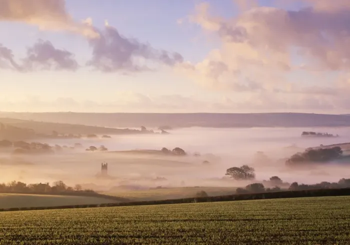 Framed Print : United Kingdom - misty valley with church & clouds. Harberton, Devon, UK Framed Print : United Kingdom - misty valley with church & clouds. Harberton, Devon, UK