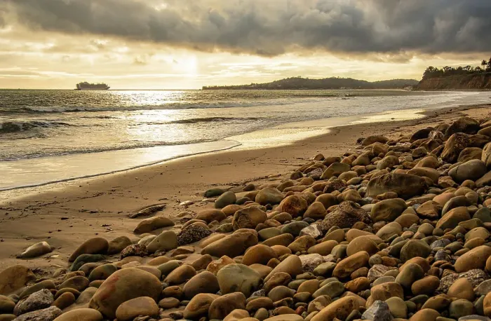 Framed Print : USA, California. Central Coast, Santa Barbara County, Santa Barbara, Montecito, Butterfly Beach, drain and cobble eroded by King Tides Date: 16-02-2019 Framed Print : USA, California. Central Coast, Santa Barbara County, Santa Barbara, Montecito, Butterfly Beach, drain and cobble eroded by King Tides Date: 16-02-2019