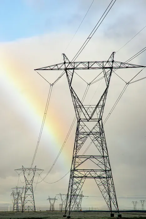 Framed Print : USA, California. Mojave Desert, Antelope Valley, Lancaster, 110 Street, rainbow and Transmission Line from solar panel farm Date: 04-02-2019