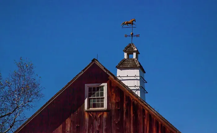 Framed Print : USA, New England, Vermont weather vane on top of wooden barn topped with horse Date: 08-10-2013 Framed Print : USA, New England, Vermont weather vane on top of wooden barn topped with horse Date: 08-10-2013
