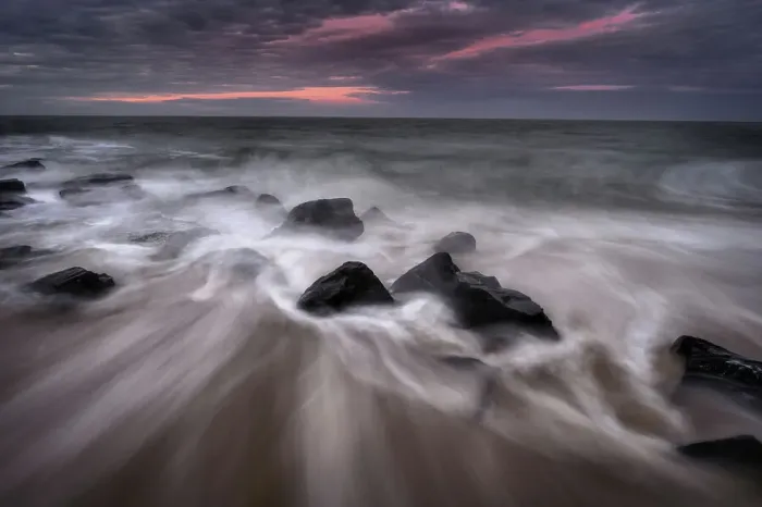 Framed Print : USA, New Jersey, Cape May National Seashore. Sunrise on rocky shore and ocean. Date: 12-12-2020 Framed Print : USA, New Jersey, Cape May National Seashore. Sunrise on rocky shore and ocean. Date: 12-12-2020