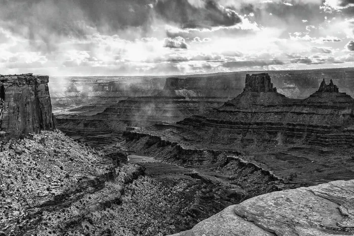 Framed Print : USA, Utah. Black and white image. Stormy canyons from the Bighorn Overlook trail at Dead Horse State Park. Date: 16-02-2021