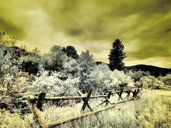 Framed Print : USA, Utah, Infrared of the Logan Pass area with split rai fence Date: 26-09-2020