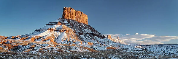 USA, Utah. Winter vista of Castleton Tower, the Rectory, and other mesas near Castle Valley and Moab. Date: 05-01-2021