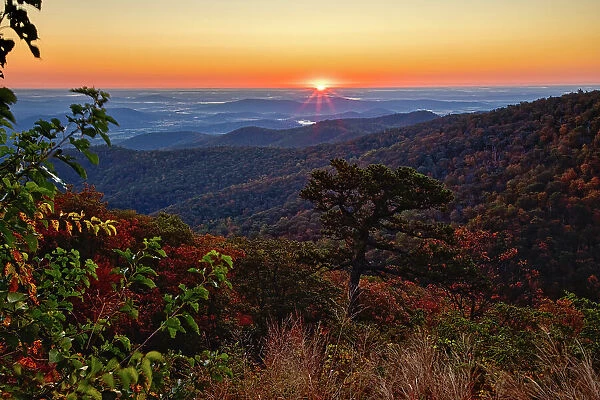 USA, Virginia, Shenandoah National Park, Sunrise along Skyline Drive in the Fall Date: 17-10-2020