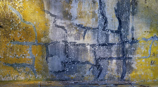 USA, Washington State, Fort Flagler State Park. Abstract pattern panoramic of weathered wall. Date: 21-09-2021