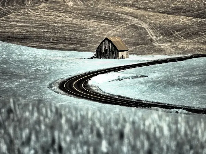 Framed Print : USA, Washington State, Palouse. Road running through the crops with barn along side the road Date: 12-10-2020 Framed Print : USA, Washington State, Palouse. Road running through the crops with barn along side the road Date: 12-10-2020