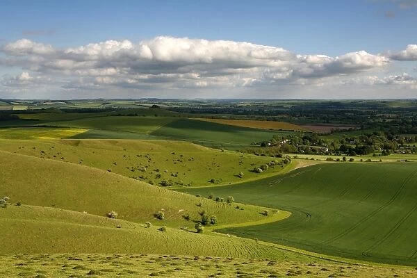The Vale of Pewsey seen from Walkers Hill, which is part of the Pewsey Downs Nature Reserve near Alton Barnes, Wiltshire, England. Fingers of chalk downland spread out into rich arable land below