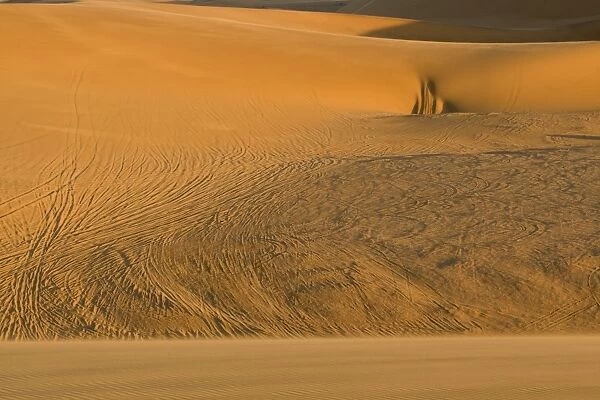 Vehicle tracks on the inter dunal gravel plains - destruction caused by quad bikes - Dune Fields - Namib Desert - Namibia - Africa