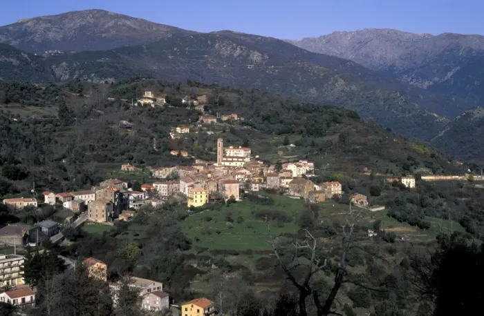 Framed Print : Vico village and surrounding mountains - Corsica Framed Print : Vico village and surrounding mountains - Corsica