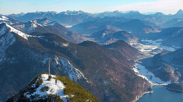 View towards Jachenau and Karwendel mountain range. View from Mt. Herzogstand near lake Walchensee. Germany, Bavaria Date: 29-12-2020