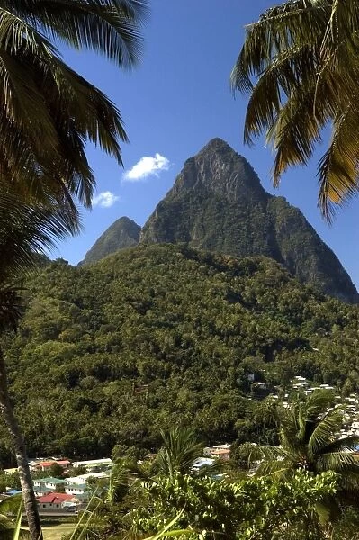 A view of The Pitons Mountains, with dense green undergrowth in the middle ground. The resort town of Soufriere in the foreground. February. St Lucia