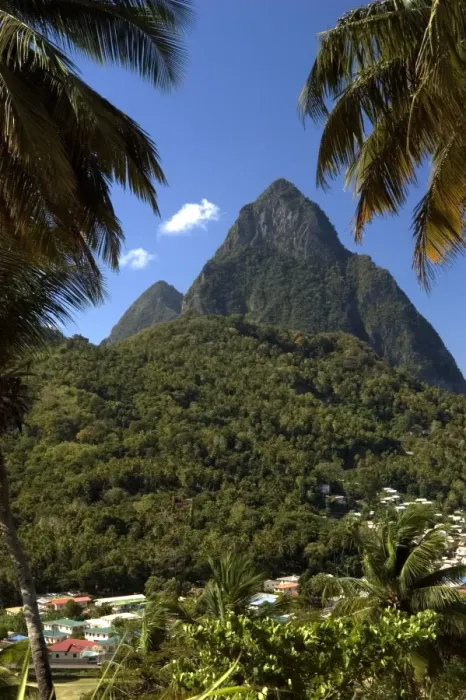 Framed Print : A view of The Pitons Mountains, with dense green undergrowth in the middle ground. The resort town of Soufriere in the foreground. February. St Lucia Framed Print : A view of The Pitons Mountains, with dense green undergrowth in the middle ground. The resort town of Soufriere in the foreground. February. St Lucia