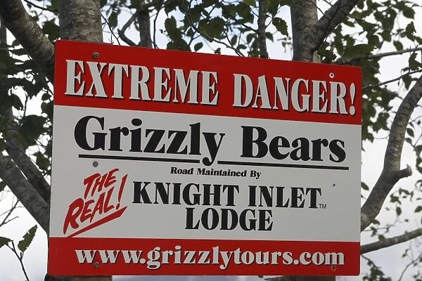 Warning sign for Grizzly bears. Glendale Cove - Knight Inlet - British Columbia - Canada