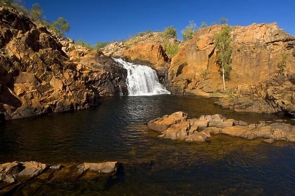 Waterfall and rocks - one of the upper falls of Edith Falls plunges into a small rocky pool - Edith Falls, Katherine Gorge National Park, Nitmuluk National Park, Northern Territory, Australia