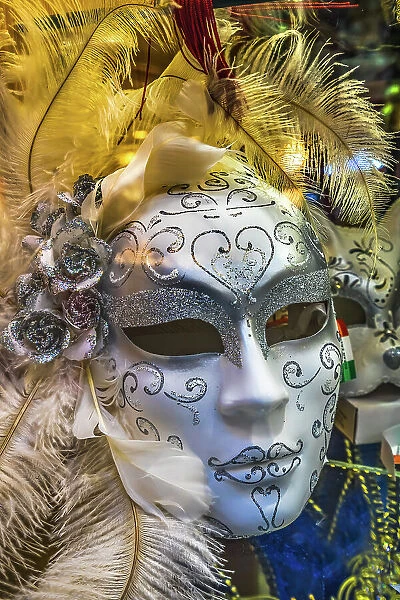 White Venetian mask feathers, Venice, Italy. Used since 1200's for Carnival. Also used for Mardi Gras Date: 26-01-2021