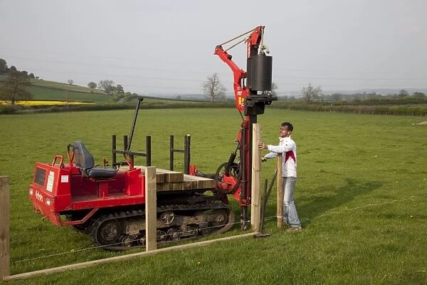 Workman driving timber posts into ground for new post and rail field fence with dedicated Kubota Protech tracked Post Rammer - Cotswolds - UK