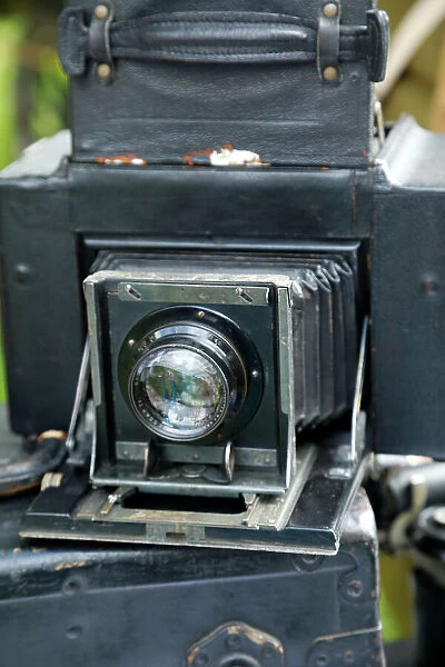 World War One re-creation and history. Close-up of old bellows-style camera. Date: 15-09-2018
