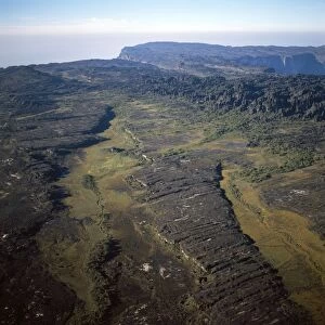 Aerial image of Tepuis, Venezuela, South America: Mount Roraima, swamps and rock labyrinths on summit plateau in Brazilian and Guyanese sectors