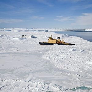 Cruise ship, Ice Breaker parked in ice in the Weddel sea, Antarctic October