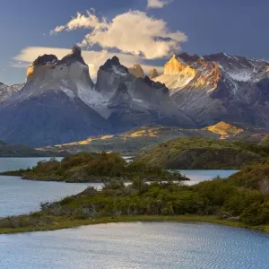 Cuernos del Paine - mountain scenery encompassing the granite peaks of the Cuernos del Paine massif and turqoise coloured Lago Pehoe at sunset - UNESCO World Heritage Site Torres del Paine National Park - Patagonia - Chile - South America Cuernos del Paine - mountain scenery encompassing the granite peaks of the Cuernos del Paine massif and turqoise coloured Lago Pehoe at sunset - UNESCO World Heritage Site Torres del Paine National Park - Patagonia - Chile - South America