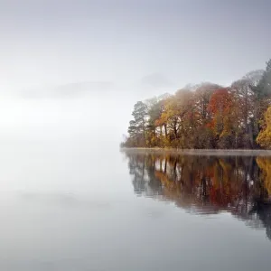 Derwent Water - autumn colours reflected in water of derwent island in the mist with catsbells just visable through the mist - Lake District - England Derwent Water - autumn colours reflected in water of derwent island in the mist with catsbells just visable through the mist - Lake District - England
