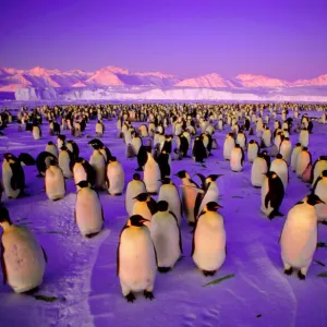 Emperor Penguin - colony in twilight Ross Sea, Antarctica. GRB03269