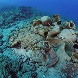 Etruscan Amphora in a protected archaeological area on the sea bed in Antalya Turkey. Mediterranean Sea. The amphora will remain on the sea bed
