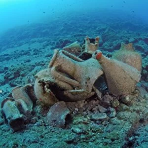 Etruscan Amphora in a protected archaeological area on the sea bed in Antalya, Turkey. Mediterranean Sea. The amphora will remain on the sea bed