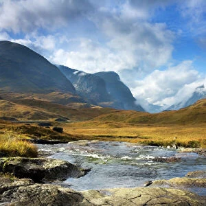 Mountain Stream - view looking down the valley looking towards Glencoe with the Three Sisters on the left - November - Scotland - UK
