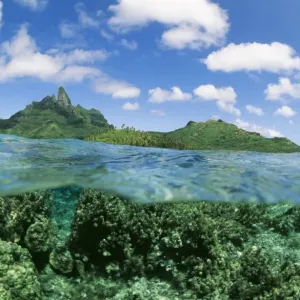 Pacific KA 326 Coral reef and Volcanoes split level shot. Bora Bora Island, Polynesia © Kurt Amsler / ARDEA LONDON Pacific KA 326 Coral reef and Volcanoes split level shot. Bora Bora Island, Polynesia © Kurt Amsler / ARDEA LONDON