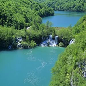 Plitvice Lakes lower canyon with waterfalls and turqoise coloured lakes seen from above Plitvice Lakes National Park, Croatia